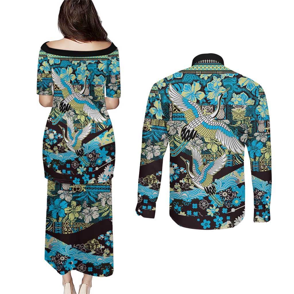 Japanese Hawaiian Crane Couples Matching Puletasi and Long Sleeve Button Shirt Blue Tapa Patchwork Pattern