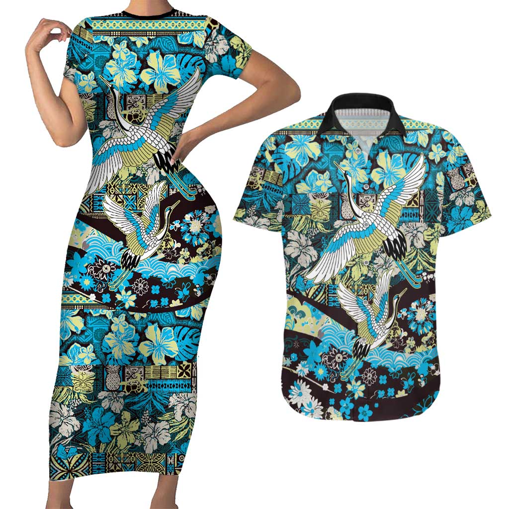 Japanese Hawaiian Crane Couples Matching Short Sleeve Bodycon Dress and Hawaiian Shirt Blue Tapa Patchwork Pattern