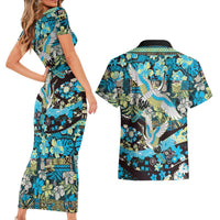 Japanese Hawaiian Crane Couples Matching Short Sleeve Bodycon Dress and Hawaiian Shirt Blue Tapa Patchwork Pattern