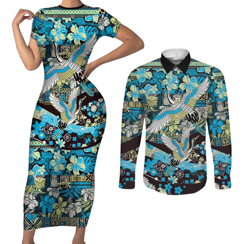 Japanese Hawaiian Crane Couples Matching Short Sleeve Bodycon Dress and Long Sleeve Button Shirt Blue Tapa Patchwork Pattern
