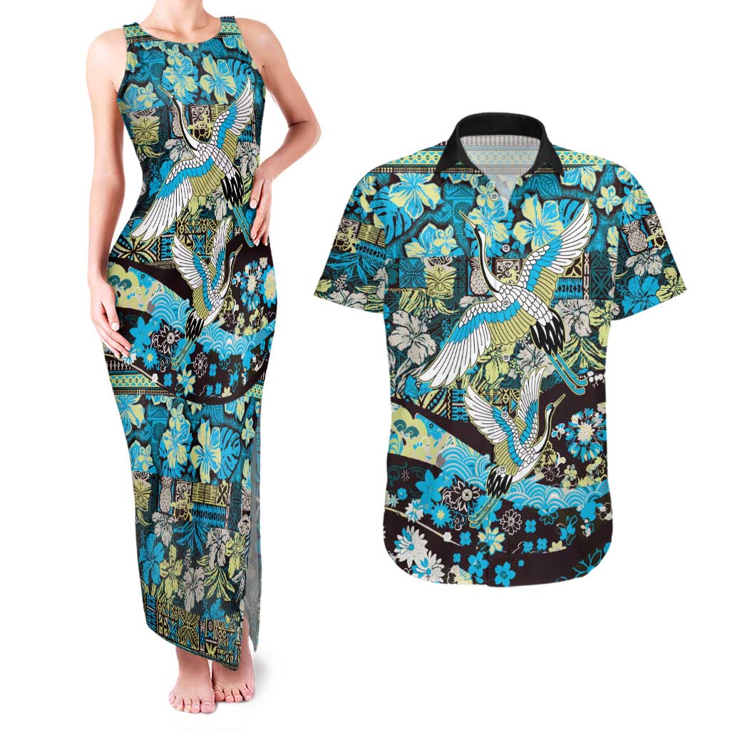 Japanese Hawaiian Crane Couples Matching Tank Maxi Dress and Hawaiian Shirt Blue Tapa Patchwork Pattern