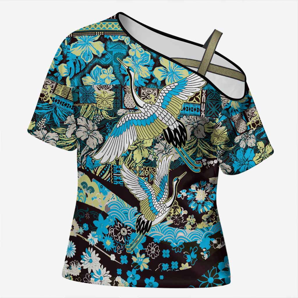 Japanese Hawaiian Crane Cross Shoulder Shirt Blue Tapa Patchwork Pattern