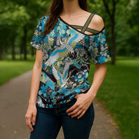 Japanese Hawaiian Crane Cross Shoulder Shirt Blue Tapa Patchwork Pattern