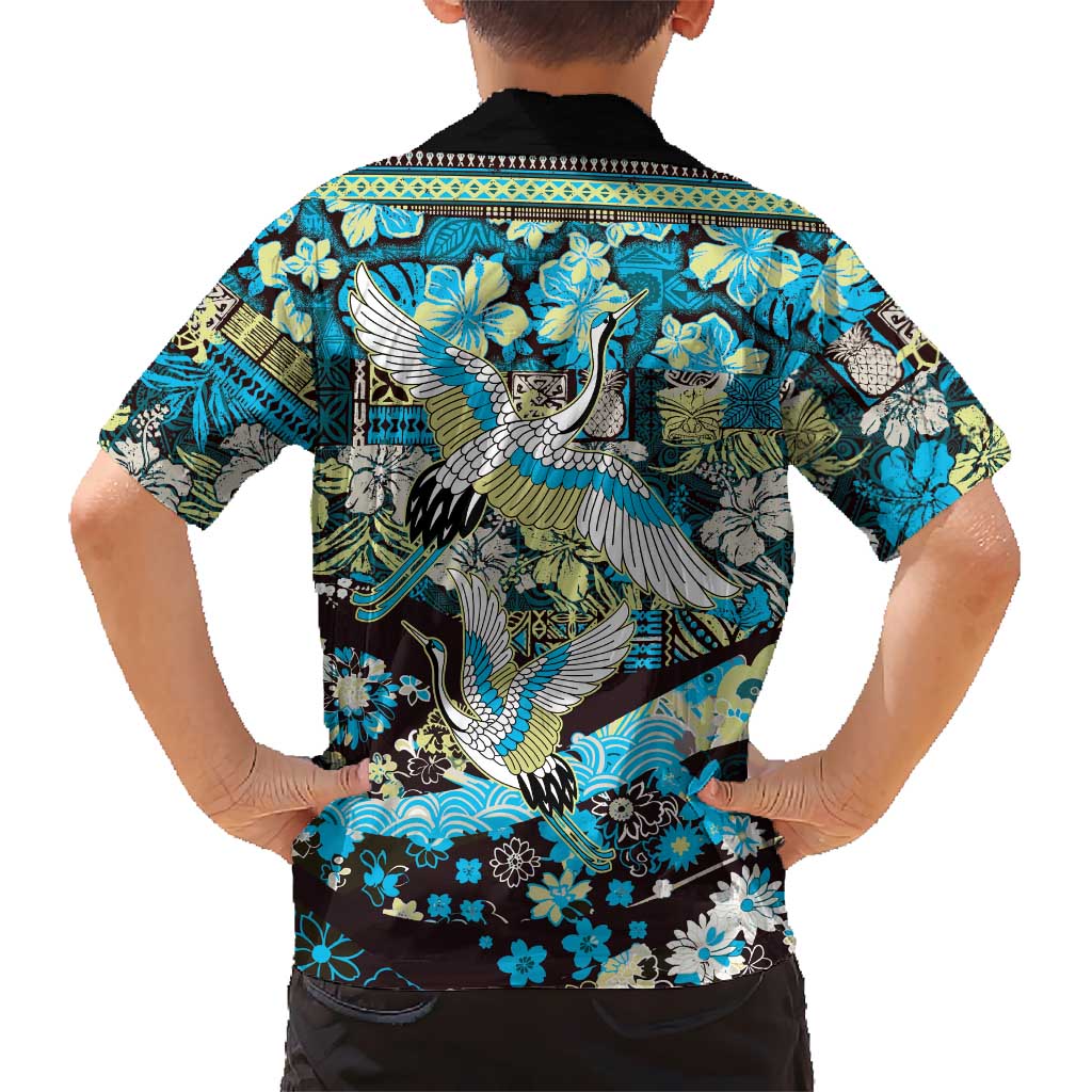 Japanese Hawaiian Crane Family Matching Long Sleeve Bodycon Dress and Hawaiian Shirt Blue Tapa Patchwork Pattern LT9 - Polynesian Pride