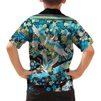 Japanese Hawaiian Crane Family Matching Long Sleeve Bodycon Dress and Hawaiian Shirt Blue Tapa Patchwork Pattern LT9 - Polynesian Pride