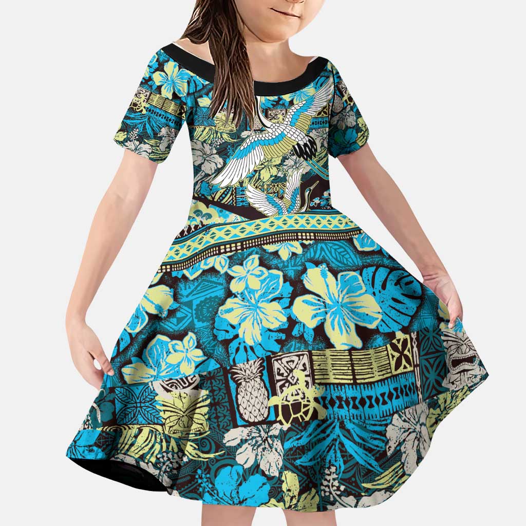 Japanese Hawaiian Crane Family Matching Long Sleeve Bodycon Dress and Hawaiian Shirt Blue Tapa Patchwork Pattern LT9 Daughter's Dress Blue - Polynesian Pride