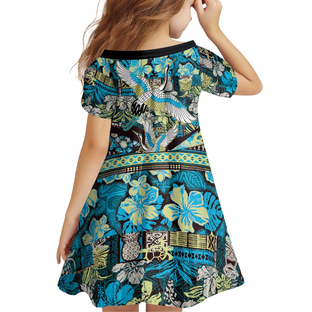 Japanese Hawaiian Crane Family Matching Long Sleeve Bodycon Dress and Hawaiian Shirt Blue Tapa Patchwork Pattern LT9 - Polynesian Pride