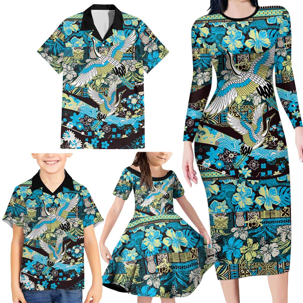 Japanese Hawaiian Crane Family Matching Long Sleeve Bodycon Dress and Hawaiian Shirt Blue Tapa Patchwork Pattern LT9 - Polynesian Pride