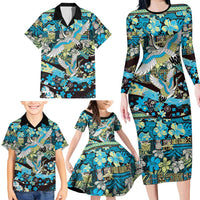 Japanese Hawaiian Crane Family Matching Long Sleeve Bodycon Dress and Hawaiian Shirt Blue Tapa Patchwork Pattern LT9 - Polynesian Pride
