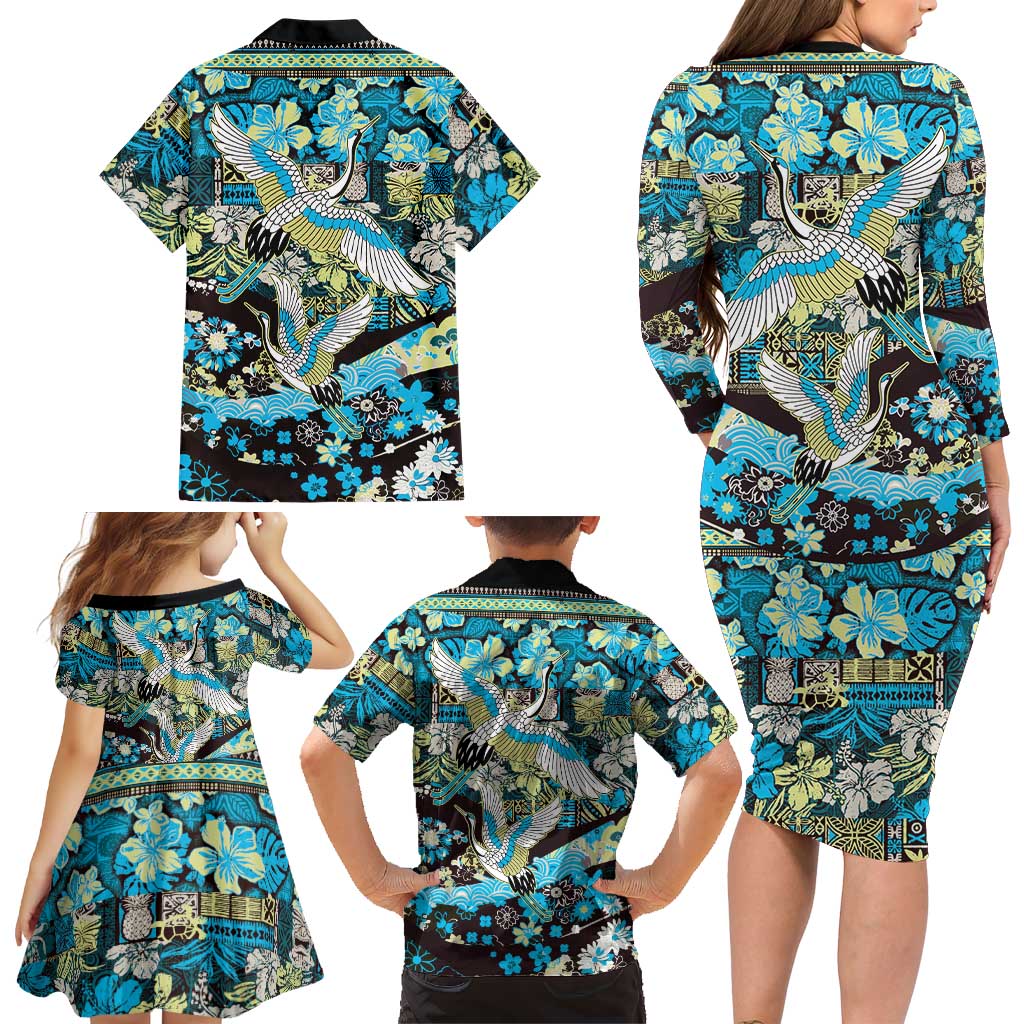 Japanese Hawaiian Crane Family Matching Long Sleeve Bodycon Dress and Hawaiian Shirt Blue Tapa Patchwork Pattern LT9 - Polynesian Pride