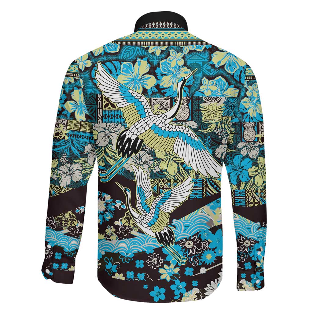 Japanese Hawaiian Crane Family Matching Long Sleeve Bodycon Dress and Hawaiian Shirt Blue Tapa Patchwork Pattern LT9 - Polynesian Pride