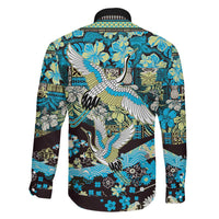 Japanese Hawaiian Crane Family Matching Long Sleeve Bodycon Dress and Hawaiian Shirt Blue Tapa Patchwork Pattern LT9 - Polynesian Pride