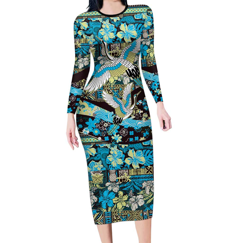 Japanese Hawaiian Crane Family Matching Long Sleeve Bodycon Dress and Hawaiian Shirt Blue Tapa Patchwork Pattern LT9 Mom's Dress Blue - Polynesian Pride