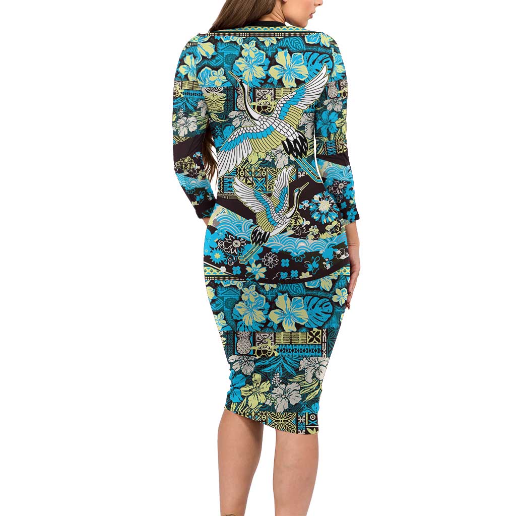 Japanese Hawaiian Crane Family Matching Long Sleeve Bodycon Dress and Hawaiian Shirt Blue Tapa Patchwork Pattern LT9 - Polynesian Pride