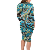 Japanese Hawaiian Crane Family Matching Long Sleeve Bodycon Dress and Hawaiian Shirt Blue Tapa Patchwork Pattern LT9 - Polynesian Pride