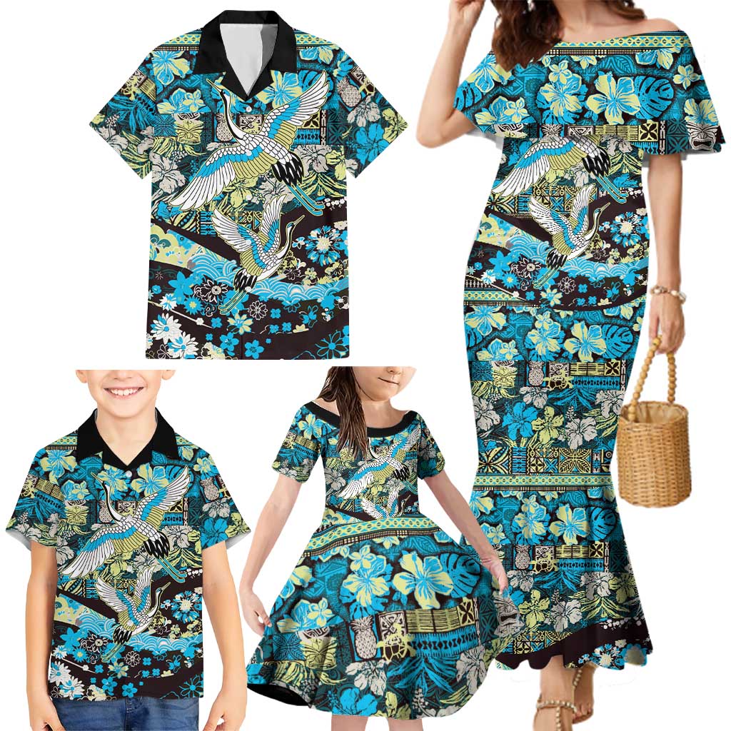 Japanese Hawaiian Crane Family Matching Mermaid Dress and Hawaiian Shirt Blue Tapa Patchwork Pattern