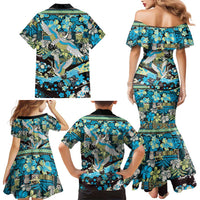 Japanese Hawaiian Crane Family Matching Mermaid Dress and Hawaiian Shirt Blue Tapa Patchwork Pattern