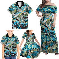 Japanese Hawaiian Crane Family Matching Off Shoulder Maxi Dress and Hawaiian Shirt Blue Tapa Patchwork Pattern
