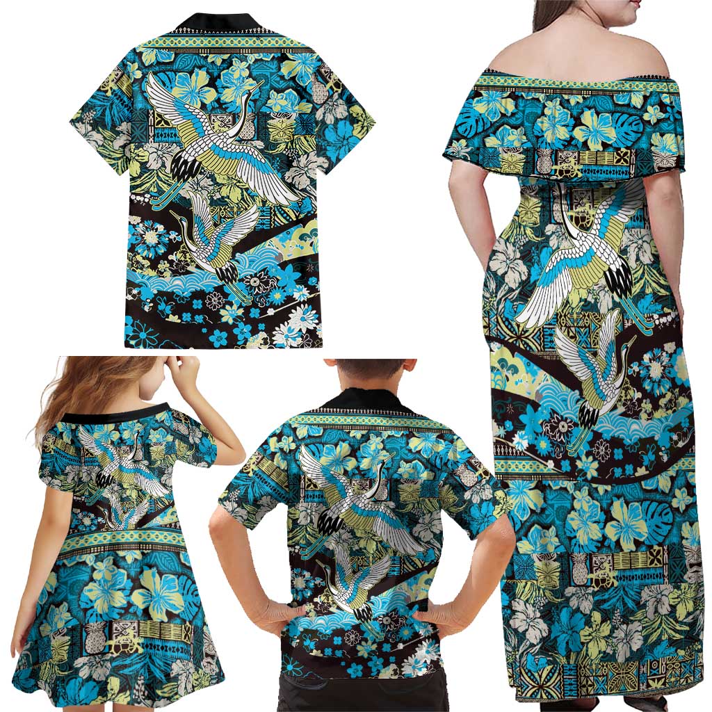 Japanese Hawaiian Crane Family Matching Off Shoulder Maxi Dress and Hawaiian Shirt Blue Tapa Patchwork Pattern