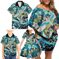 Japanese Hawaiian Crane Family Matching Off Shoulder Short Dress and Hawaiian Shirt Blue Tapa Patchwork Pattern