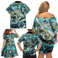 Japanese Hawaiian Crane Family Matching Off Shoulder Short Dress and Hawaiian Shirt Blue Tapa Patchwork Pattern