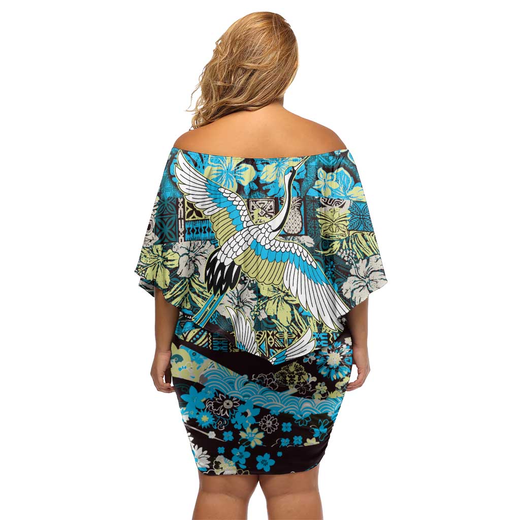 Japanese Hawaiian Crane Family Matching Off Shoulder Short Dress and Hawaiian Shirt Blue Tapa Patchwork Pattern