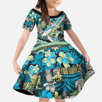 Japanese Hawaiian Crane Family Matching Short Sleeve Bodycon Dress and Hawaiian Shirt Blue Tapa Patchwork Pattern LT9 Daughter's Dress Blue - Polynesian Pride