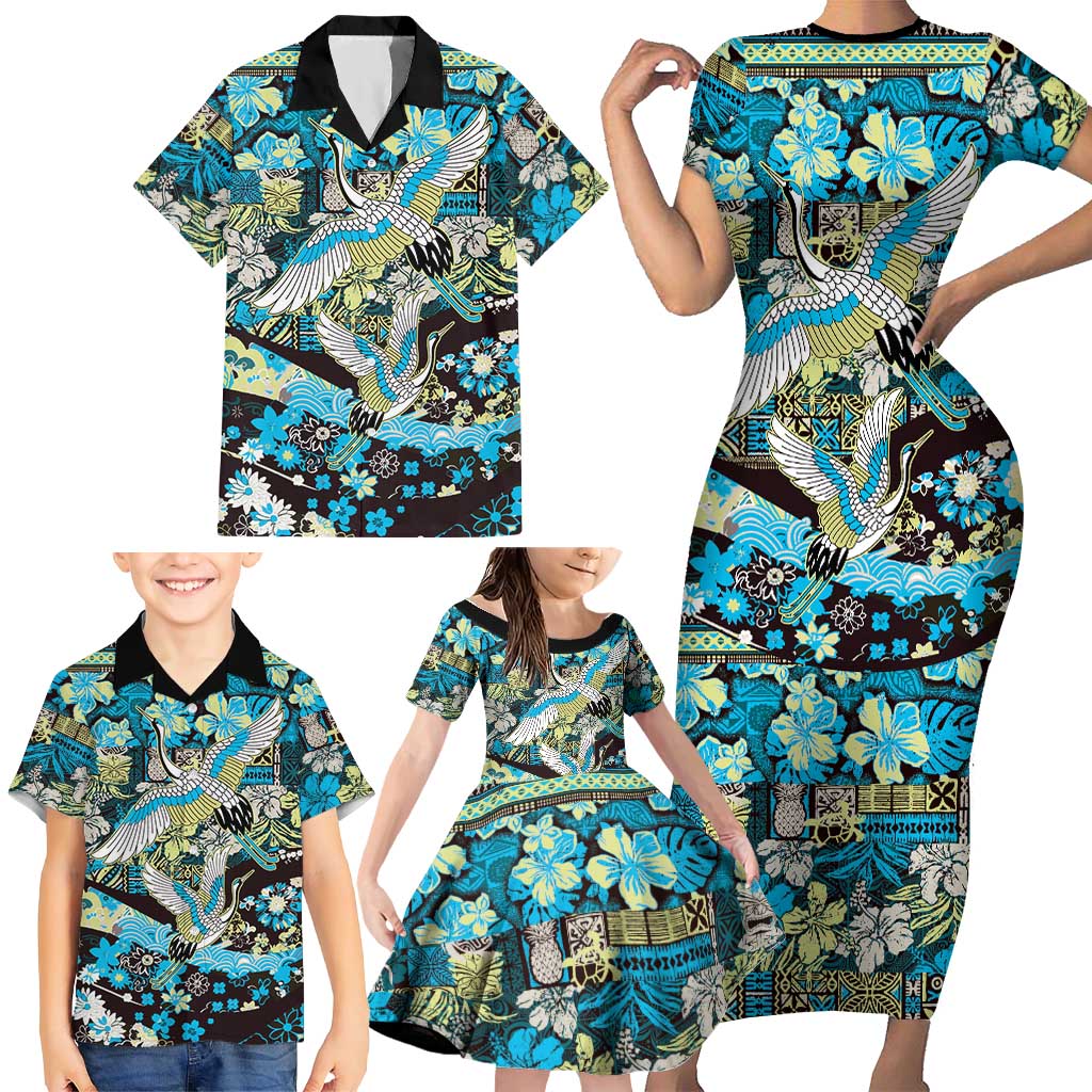 Japanese Hawaiian Crane Family Matching Short Sleeve Bodycon Dress and Hawaiian Shirt Blue Tapa Patchwork Pattern LT9 - Polynesian Pride