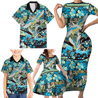 Japanese Hawaiian Crane Family Matching Short Sleeve Bodycon Dress and Hawaiian Shirt Blue Tapa Patchwork Pattern LT9 - Polynesian Pride