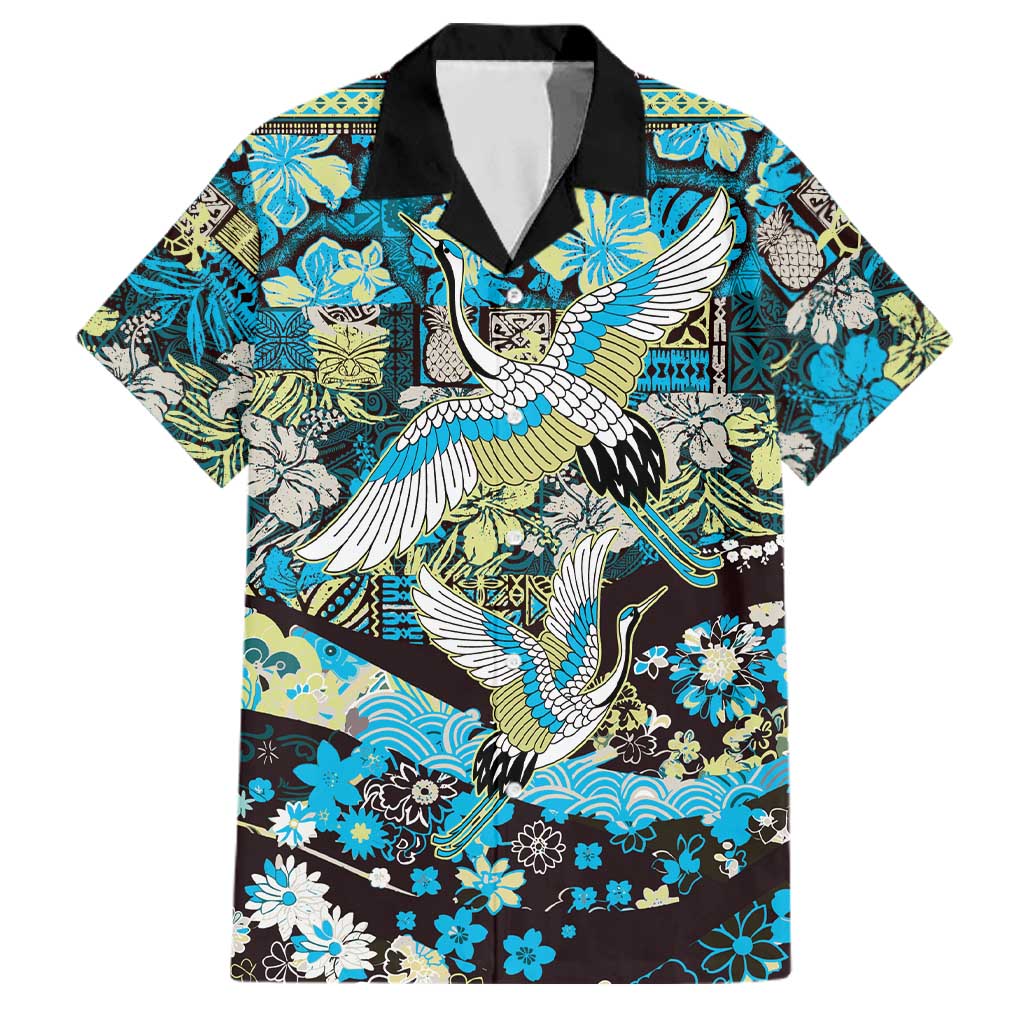 Japanese Hawaiian Crane Family Matching Short Sleeve Bodycon Dress and Hawaiian Shirt Blue Tapa Patchwork Pattern LT9 Dad's Shirt - Short Sleeve Blue - Polynesian Pride
