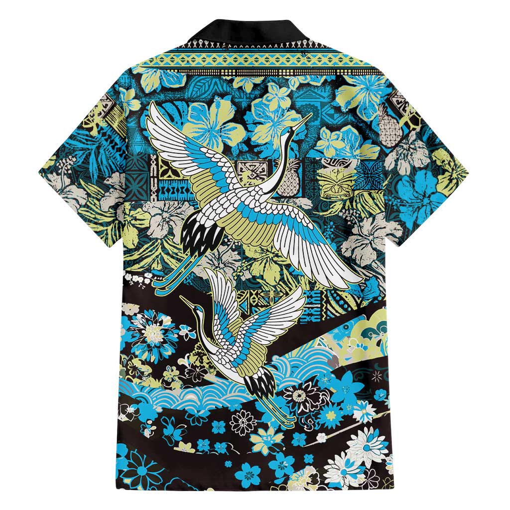 Japanese Hawaiian Crane Family Matching Short Sleeve Bodycon Dress and Hawaiian Shirt Blue Tapa Patchwork Pattern LT9 - Polynesian Pride