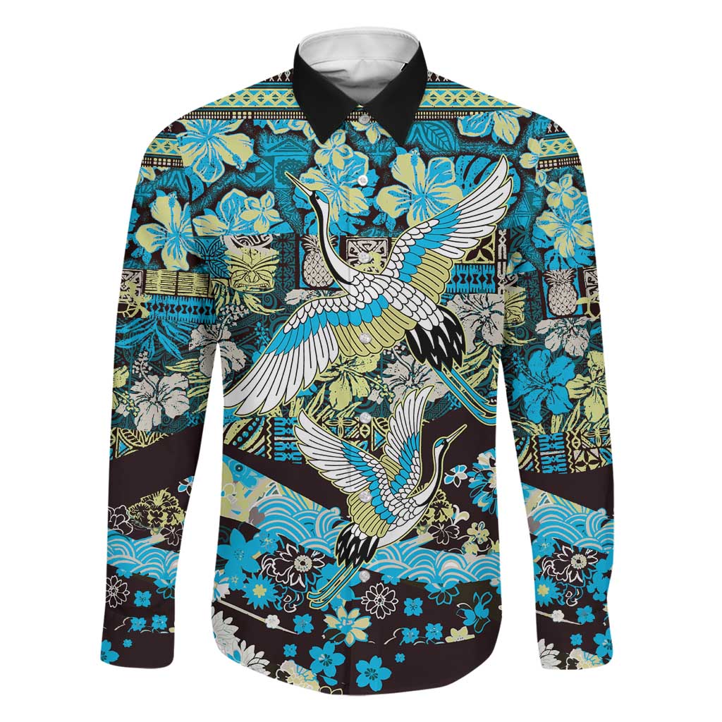 Japanese Hawaiian Crane Family Matching Short Sleeve Bodycon Dress and Hawaiian Shirt Blue Tapa Patchwork Pattern LT9 Dad's Shirt - Long Sleeve Blue - Polynesian Pride