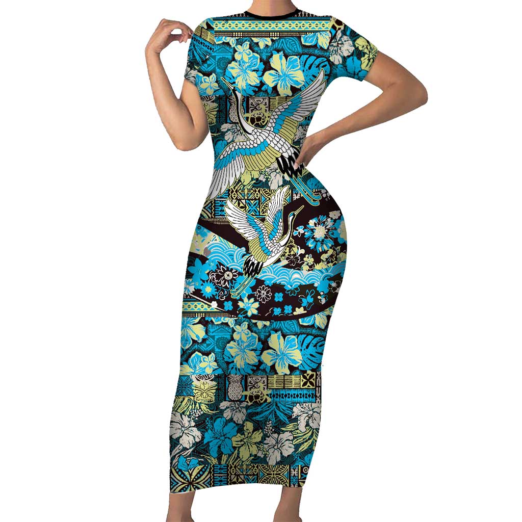 Japanese Hawaiian Crane Family Matching Short Sleeve Bodycon Dress and Hawaiian Shirt Blue Tapa Patchwork Pattern LT9 Mom's Dress Blue - Polynesian Pride