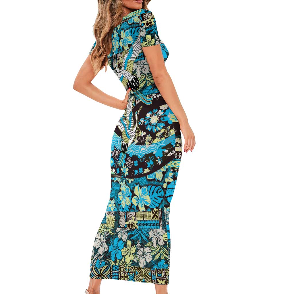 Japanese Hawaiian Crane Family Matching Short Sleeve Bodycon Dress and Hawaiian Shirt Blue Tapa Patchwork Pattern LT9 - Polynesian Pride