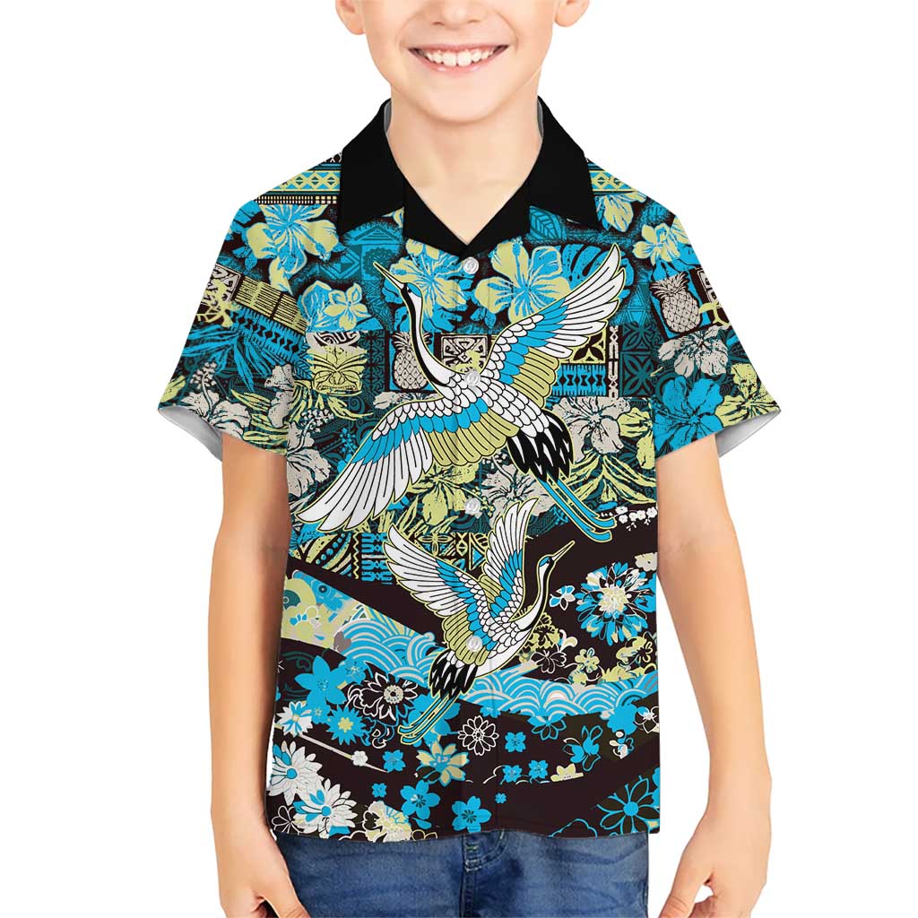 Japanese Hawaiian Crane Family Matching Short Sleeve Bodycon Dress and Hawaiian Shirt Blue Tapa Patchwork Pattern LT9 Son's Shirt Blue - Polynesian Pride