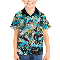 Japanese Hawaiian Crane Family Matching Short Sleeve Bodycon Dress and Hawaiian Shirt Blue Tapa Patchwork Pattern LT9 Son's Shirt Blue - Polynesian Pride