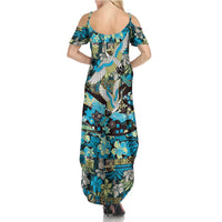 Japanese Hawaiian Crane Family Matching Summer Maxi Dress and Hawaiian Shirt Blue Tapa Patchwork Pattern