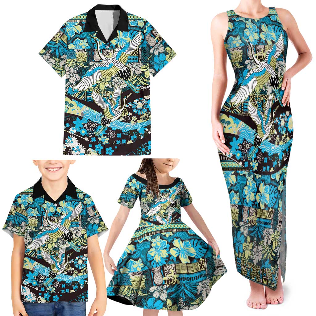 Japanese Hawaiian Crane Family Matching Tank Maxi Dress and Hawaiian Shirt Blue Tapa Patchwork Pattern