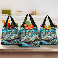 Japanese Hawaiian Crane Grocery Bag Blue Tapa Patchwork Pattern