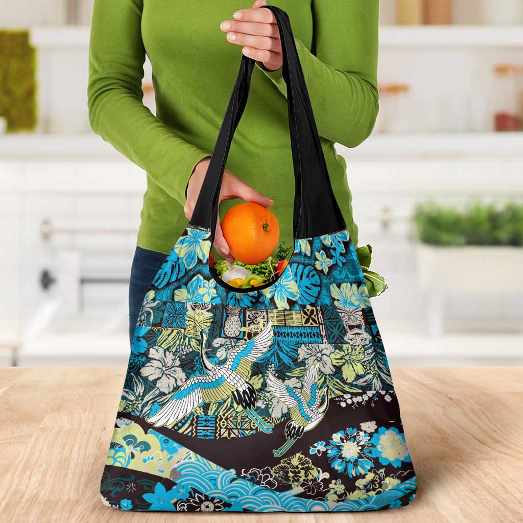 Japanese Hawaiian Crane Grocery Bag Blue Tapa Patchwork Pattern
