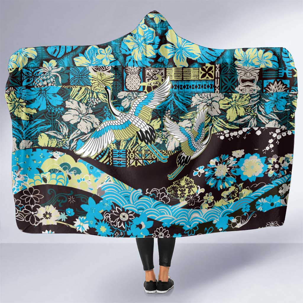 Japanese Hawaiian Crane Hooded Blanket Blue Tapa Patchwork Pattern
