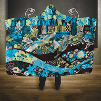 Japanese Hawaiian Crane Hooded Blanket Blue Tapa Patchwork Pattern