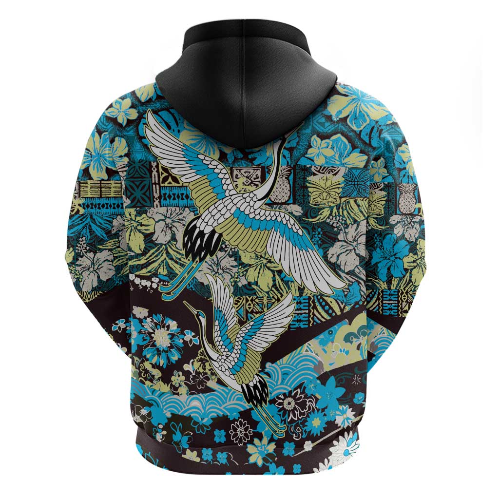 Japanese Hawaiian Crane Hoodie Blue Tapa Patchwork Pattern