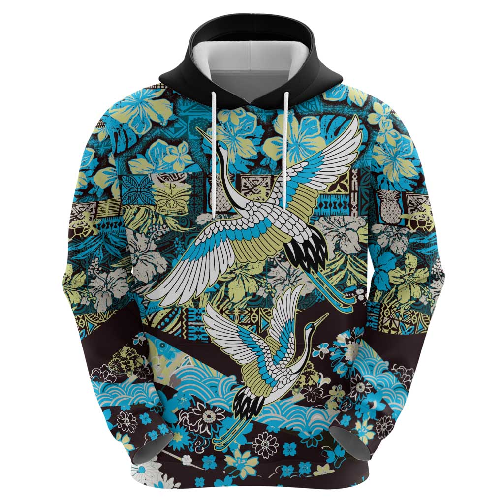Japanese Hawaiian Crane Hoodie Blue Tapa Patchwork Pattern