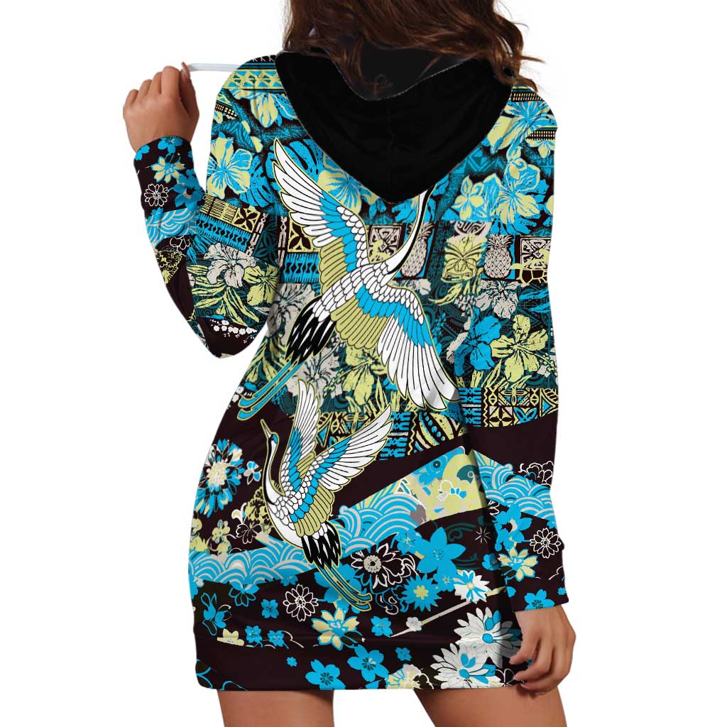 Japanese Hawaiian Crane Hoodie Dress Blue Tapa Patchwork Pattern