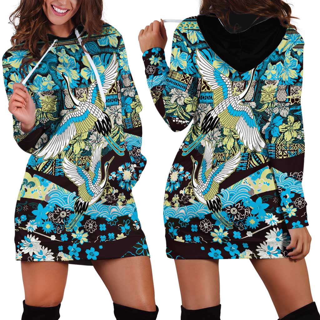 Japanese Hawaiian Crane Hoodie Dress Blue Tapa Patchwork Pattern