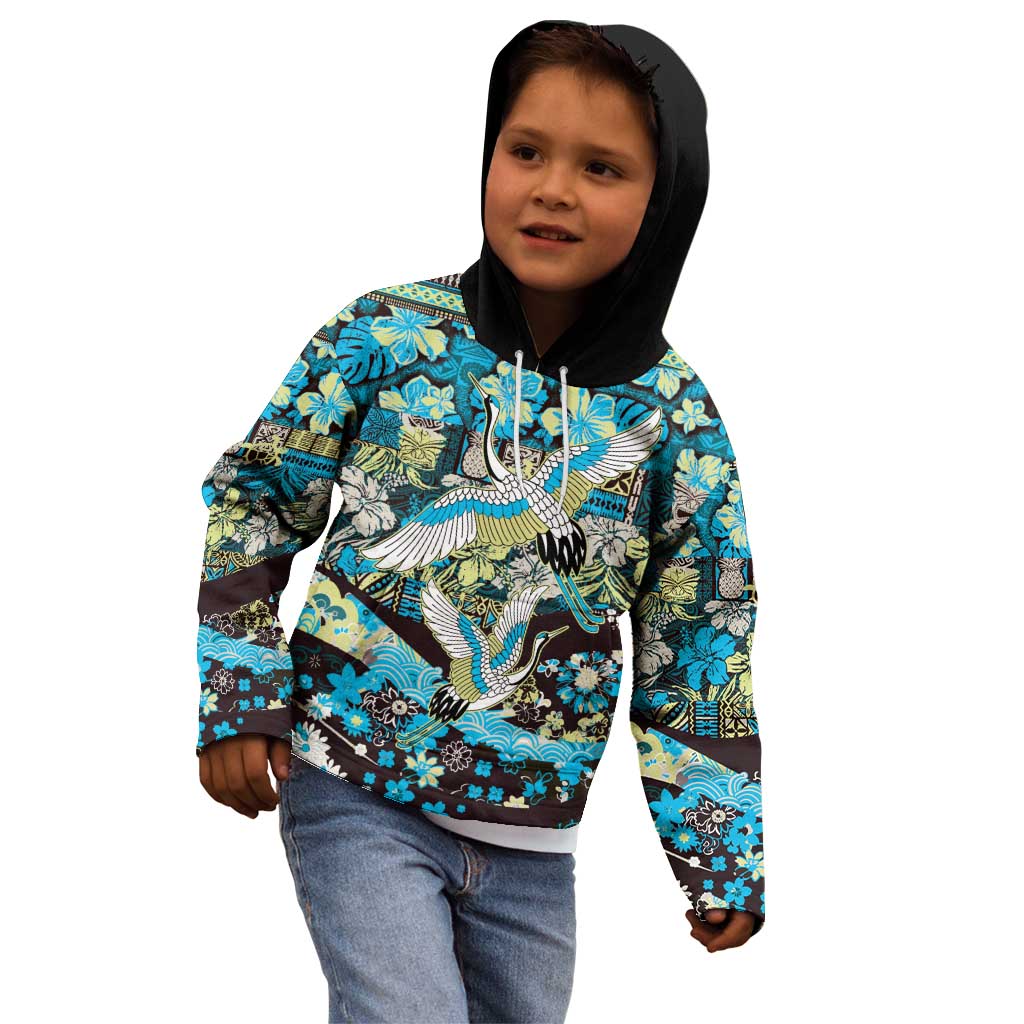 Japanese Hawaiian Crane Kid Hoodie Blue Tapa Patchwork Pattern