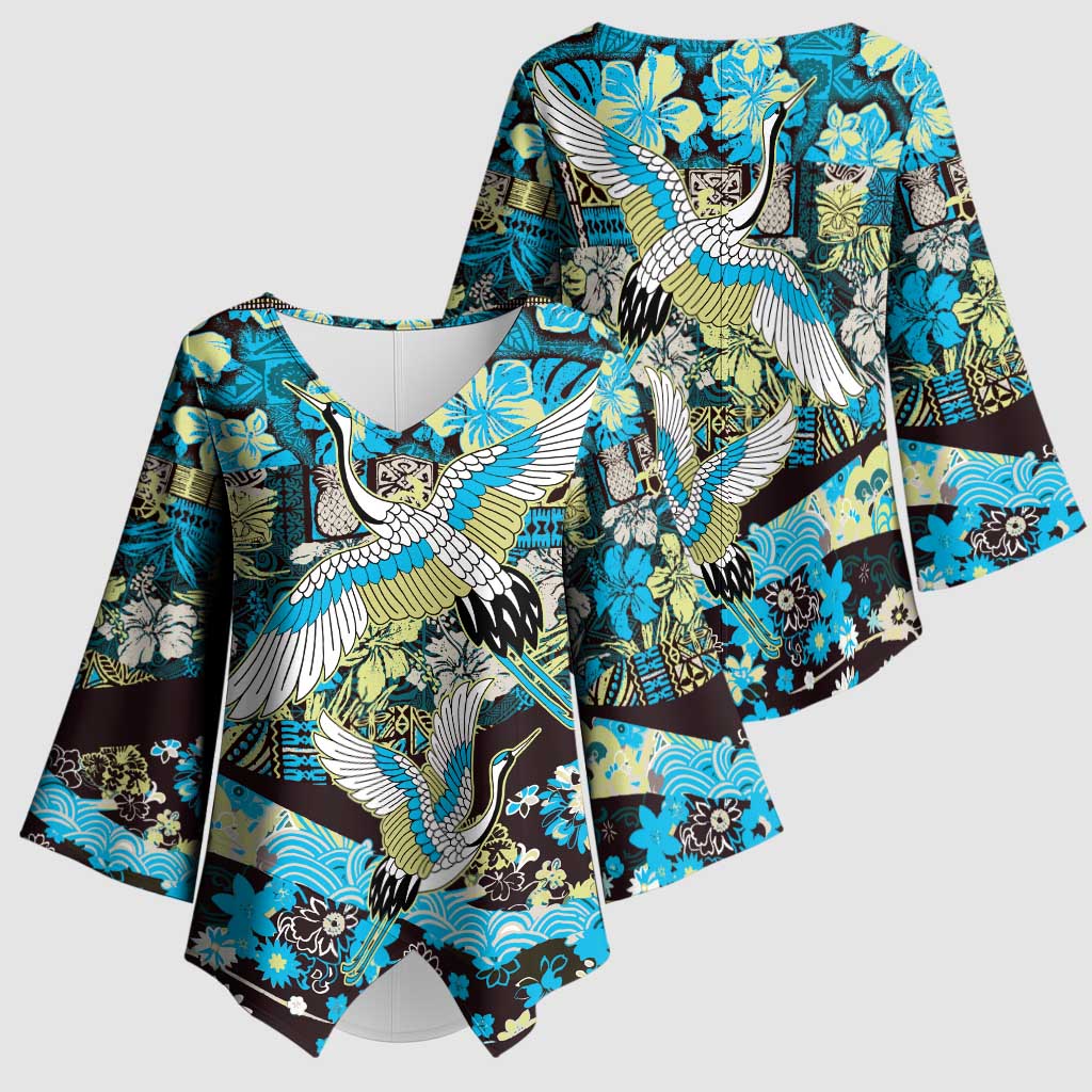 Japanese Hawaiian Crane Kimono Sleeve Blouse Blue Tapa Patchwork Pattern