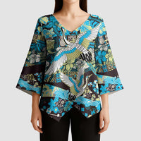 Japanese Hawaiian Crane Kimono Sleeve Blouse Blue Tapa Patchwork Pattern