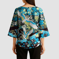 Japanese Hawaiian Crane Kimono Sleeve Blouse Blue Tapa Patchwork Pattern